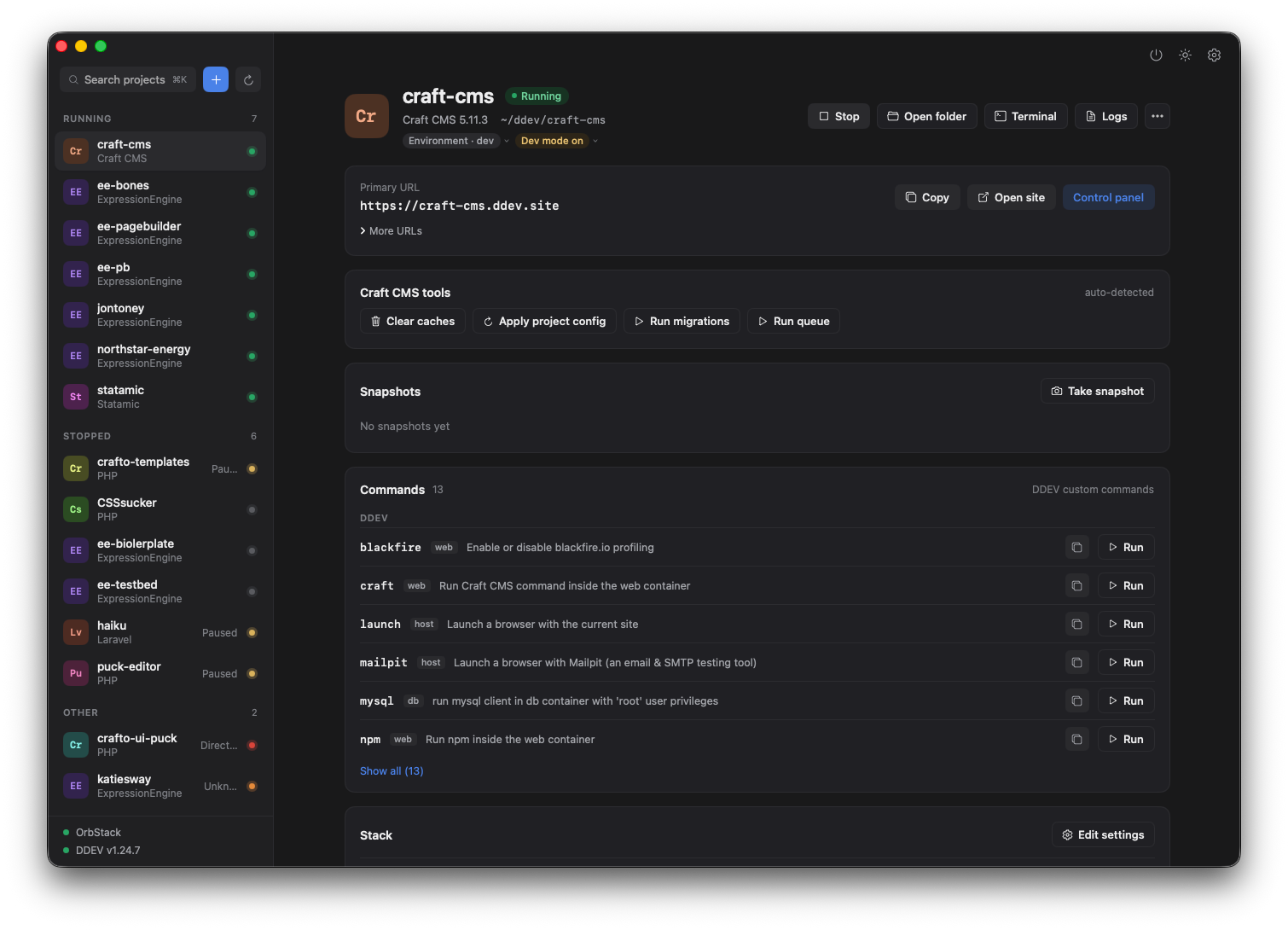 DDrovr showing the craft-cms project: primary URL, Craft CMS tools, snapshots and DDEV commands